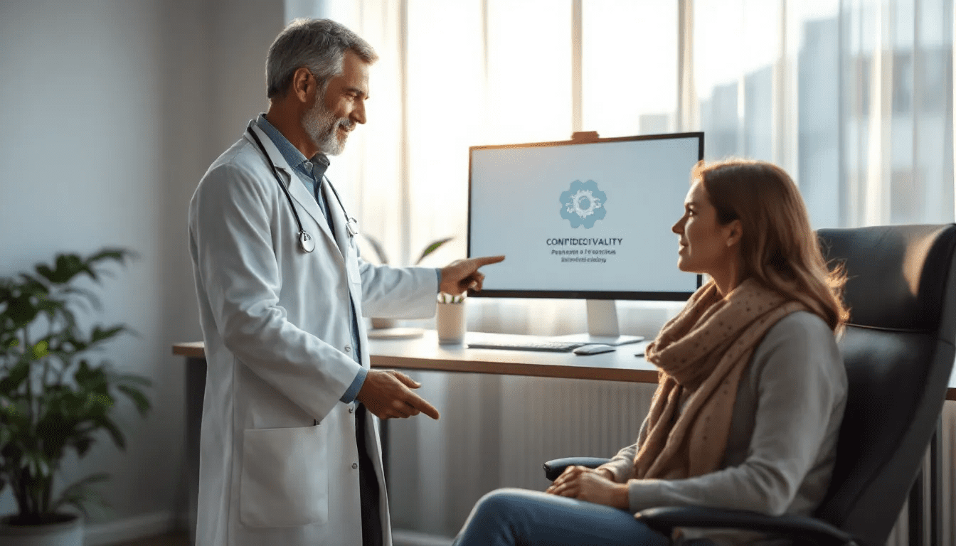 Ein Arzt in einer Arztpraxis, der mit einem Patienten spricht und dabei auf Datenschutzaspekte hinweist.
