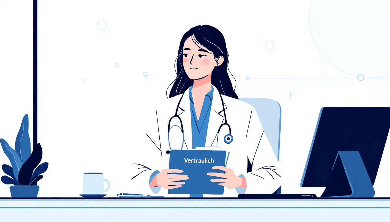 Ein Arzt, der sensible Patientendaten in einer vertraulichen Umgebung behandelt, um die Bedeutung der Schweigepflicht zu betonen.